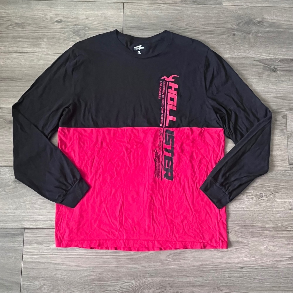 Hollister Mens Long Sleeve Graphic Tee Black Red Colorblock Los Angeles XL